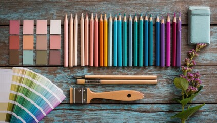 Flatlay of colorful pencils, paintbrush, color swatches, eraser, and flowers on a rustic wooden surface
