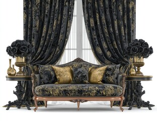 Elegant black and gold damask upholstered settee flanked by dark curtains, black roses in gold urns, and matching end tables, all against a bright window