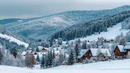 Fototapeta premium Peaceful snow village scene in the valley under a cloudy winter sky with fresh snow on the ground