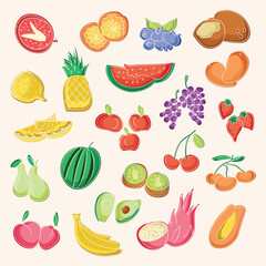 Healthy food doodles illustration set. Colorful delivery cafe and restaurant icons. Set vector illustration doodles of food, fruits and vegetables beverage for invitations, menus and parties. 