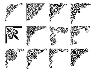 Decorative Corner Design Set Ornamental Floral and Abstract Elements in Black. Vintage calligraphic corners and borders. Retro elegant ornamental frame, ornaments. 