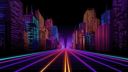 Neon-lit cityscape at night, vibrant colors illuminate a long, glowing highway vanishing into the futuristic skyline