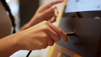 Close Up of Fingers Plugging Charging Cable into Kiosk Tablet Station with Blurred Background a Shot Displaying Technology Interaction User Experience and Convenience at Eye Level Optimized for Stock - Powered by Adobe