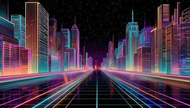 Neon-lit cityscape at night, vibrant colors, gridded road, and glowing skyscrapers stretch to a vanishing point under a starry sky