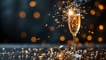 gold streamer in champagne glass, new year's eve, no people, no text, no logo