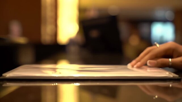 Closeup View Of Guest Reservation Adjustment With Manicured Hands Wearing Rings On Polished Counter In Soft Focus Background Showcasing Hospitality And Customer Service Perfect for Travel And Hotel
