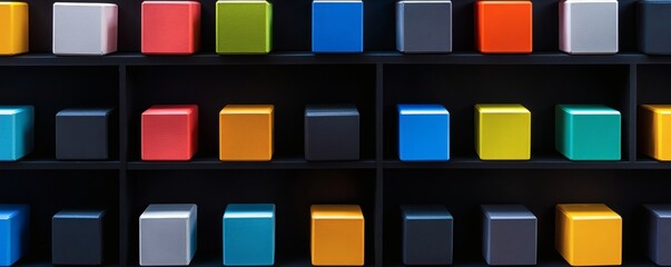 Colorful cubes are displayed on shelves in an organized pattern