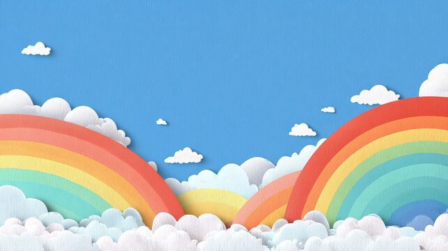 Simple cartoon style vector illustration: Rainbow and clouds with paper cut art, flat design on blue sky background. High-resolution for kids wallpaper, educational materials, digital projects, 