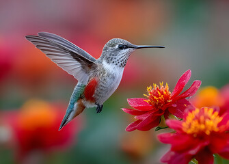 Fototapeta premium A tiny hummingbird sips nectar from a vibrant red flower wings spread in a moment of pure joy in