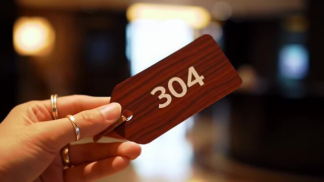 Hand Holding Wooden Luggage Tag Displaying Room Number 304 with Blurred Bokeh Background Featuring Warm Interior Lighting Perfect for Travel Agencies and Tourism Related Content and Eye Level Shot