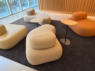 Modern Organic Lobby: Rounded, organic-shaped chairs and tables create a biological, natural feel...