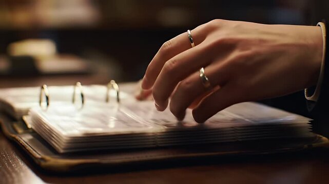 Hands Flipping Through Pages of a Brown Room Directory Binder with Gold Ring a Well Lit Room Revealing Detailed Information Perfect for Presentations Tutorials and Corporate Use Over Brown Table