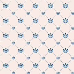 Elegant seamless pattern with blue damask floral motifs arranged in a diamond grid on a soft beige background