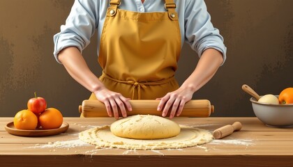 a baker rolling dough for fresh bread, flat art, cozy brown and yellow palette.