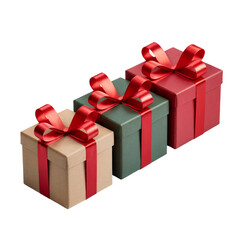 Obraz premium Angled Top-Down View of Three Wrapped Gift Boxes with Red Bows, Isolated PNG