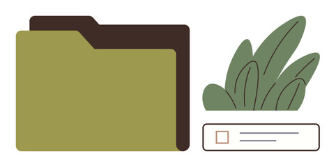 Open file folder beside abstract green plant and checkbox label. Ideal for office, organization, eco-consciousness, productivity, teamwork, task management, documentation. Simple flat metaphor