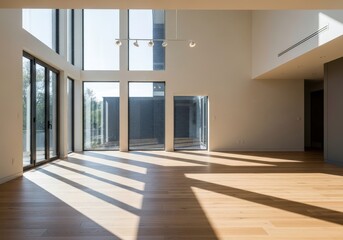 Obraz premium Sunlight Streaming Through Large Windows in an Empty, Spacious Room