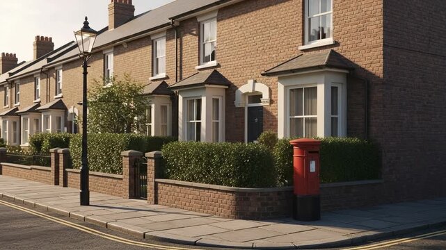 Classic British Terraced Houses with Red Pillar Box and Lamppost on a Quiet Residential Street Corner