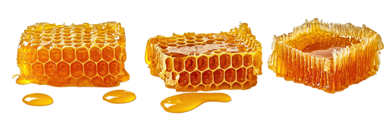 Golden honeycomb pieces with dripping honey on transparent background. Natural wax structure showcasing hexagonal cells filled with sweet nectar. Fresh organic honey detail ideal for food