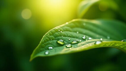 Dewdrops on a vibrant green leaf catching the morning sun