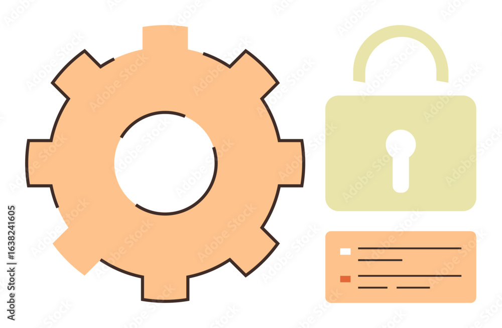 Poster gear symbol next to lock and document highlight themes of security configuration, data protection, a