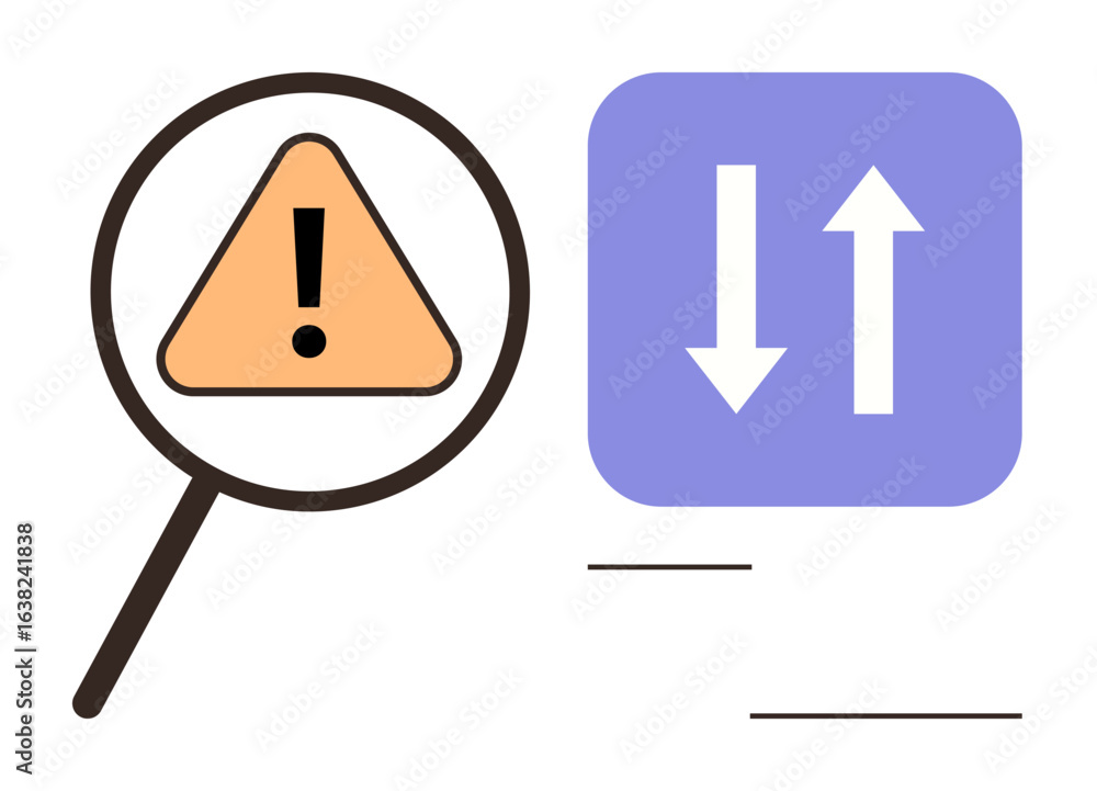 Poster magnifying glass highlighting warning sign in orange triangle next to up and down arrows. ideal for 