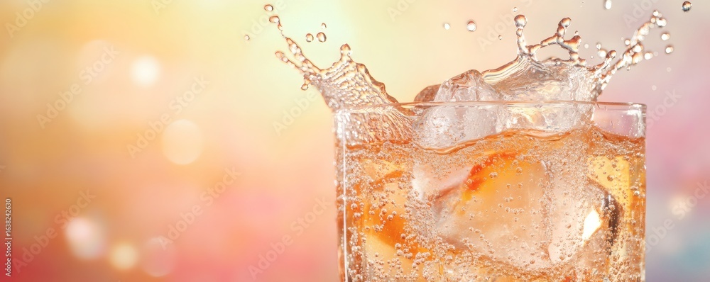 Poster a refreshing beverage splashing as ice cubes are dropped inside it