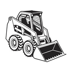 Black icon silhouette of a mini skid steer loader. Compact heavy equipment for construction and earthmoving.