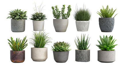 Assorted potted plants and succulents in decorative concrete containers. Various green foliage and textured leaves arranged on plain background. Modern indoor and outdoor plant collection home decor.