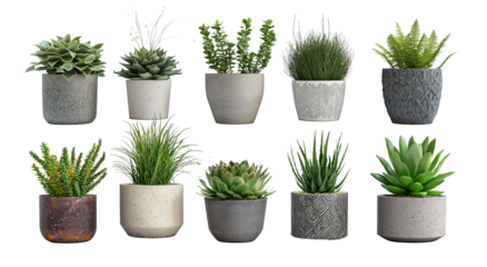 Assorted potted plants and succulents in decorative concrete containers. Various green foliage and textured leaves arranged on plain background. Modern indoor and outdoor plant collection home decor.
