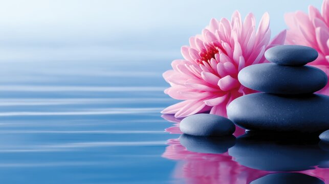 Serene water scene featuring pink lotus flowers and smooth stones, evoking tranquility and relaxation - Powered by Adobe