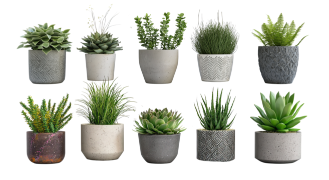Assorted potted plants and succulents in decorative concrete containers. Various green foliage and textured leaves arranged on plain background. Modern indoor and outdoor plant collection home decor.