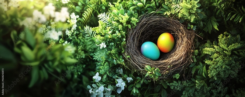 Poster two brightly colored eggs rest inside a rustic bird nest