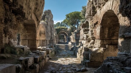 Fototapeta premium Ancient Roman Ruins Featuring Collapsed Stone Structures and Walls