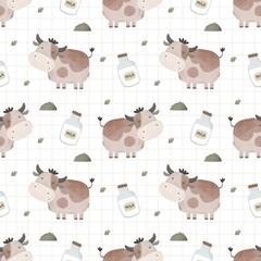 Obraz premium Seamless pattern with cartoon cows. Flat colorful vector for kids. hand drawing. animals. baby design for fabric, textile, wrapper, print