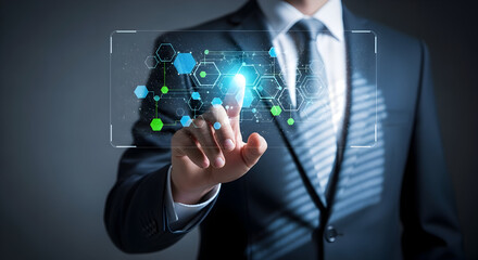Dynamic businessman tapping futuristic interface for innovative business solutions and digital transformation success