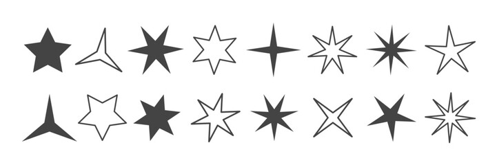 Black and outline star shapes set with various pointed designs. Vector illustration