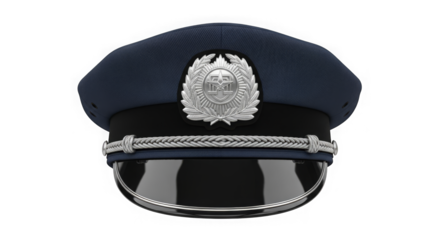 A stylized dark blue service cap with an ornate silver emblem centers view.