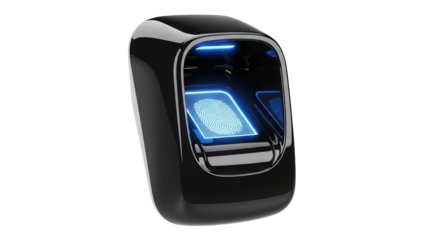 Futuristic fingerprint scanner with luminous details for secure access control.