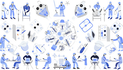 Illustration showing a group of workers in various roles and tools on a white background design style silhouette