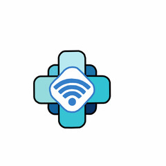 A medical cross with a Wi-Fi symbol, representing a connection between health and technology.