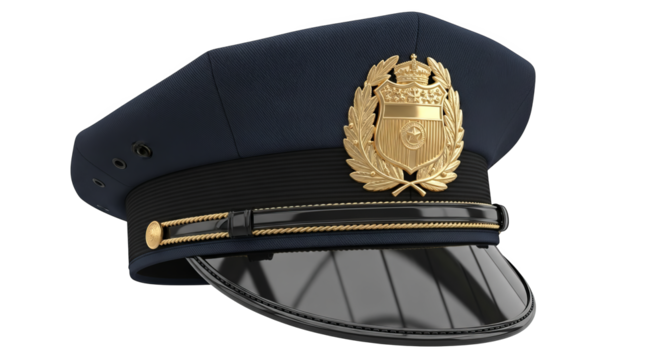 A blue peaked cap with a golden emblem sits poised and authoritative.