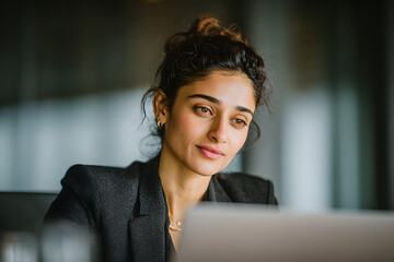 Indian professional woman working on project, conducting research, preparing for meeting or presentation using laptop seated at large table in boardroom. Workflow using tech, productivity, creativity