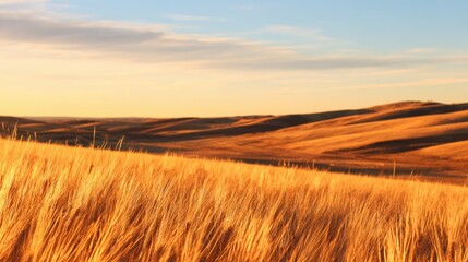 Golden wheat fields sway gently under a sunset sky, creating a serene landscape of nature's beauty
