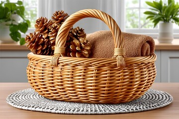 Fototapeta premium Decorative cane basket and vase with flowers high resolution photo