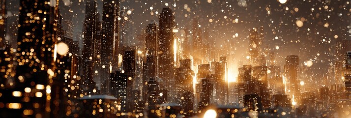 Golden city skyline under heavy snowfall at sunset, blurred bokeh effect, warm tones