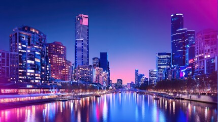 Fototapeta premium Vibrant city skyline at dusk reflecting on the river with illuminated buildings and serene atmosphere