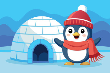 A cute cartoon penguin with a red hat and scarf stands near an igloo