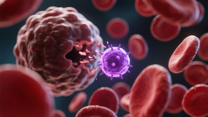 Obraz premium A dramatic image showing a single, menacing cancer cell breaking away from a tumor and entering the bloodstream, flowing alongside red blood cells, representing metastasis