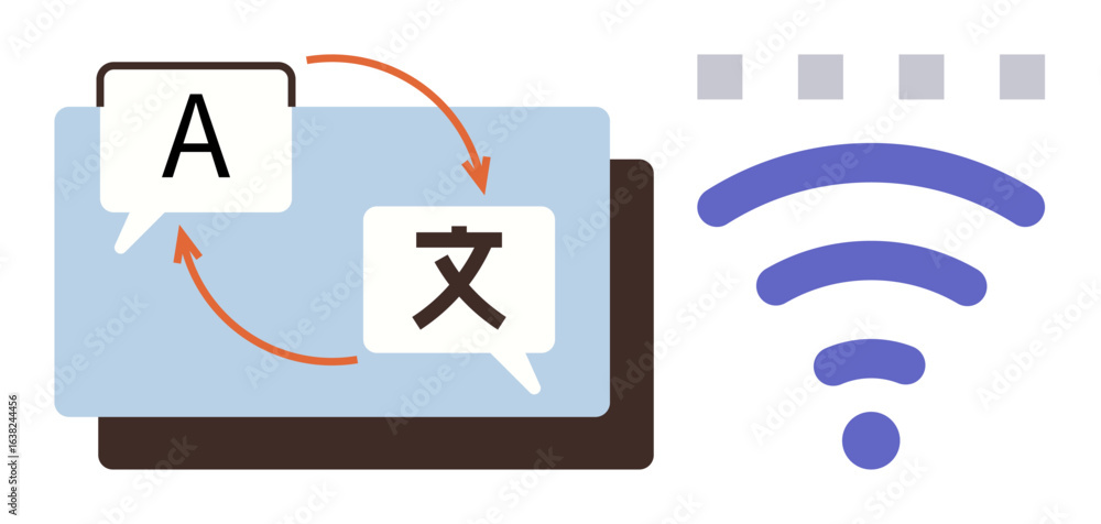 Poster speech bubbles with language text and arrows representing translation, accompanied by wireless symbo